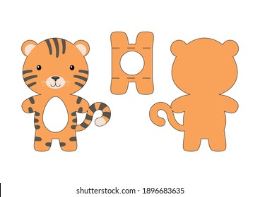 Cute die cut tiger chocolate egg holder template. Retail paper box for the easter egg. Printable color scheme. Laser cutting vector template. Isolated vector packaging design illustration.