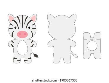Cute die cut zebra chocolate egg holder template. Retail paper box for the easter egg. Printable color scheme. Laser cutting vector template. Isolated vector packaging design illustration.