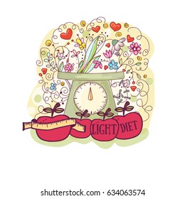cute diet cartoon kitchen scale and apples on floral background