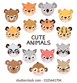 Cute different animal head set. Flat style design