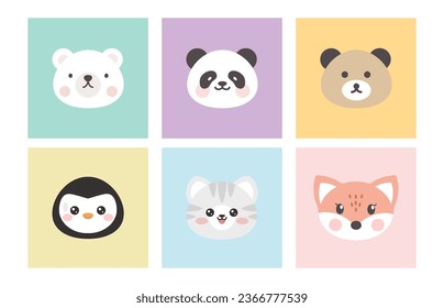 cute different animals faces poster or print kids design, fox,panda,teddy bear, penguin, kitten, polar isolated on apink, blue, mint green, violet, yellow, orange pastel color background