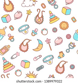 Cute different baby things isolated on white. Endless texture for your design, greeting cards, announcements, posters, textiles. - vector