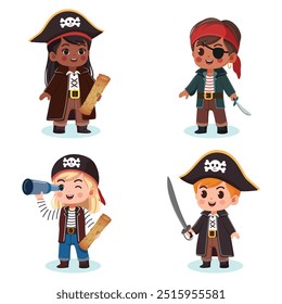 Cute different boys and girls in Pirate Costumes with sword, map and telescope. Vector illustration in cartoon flat style