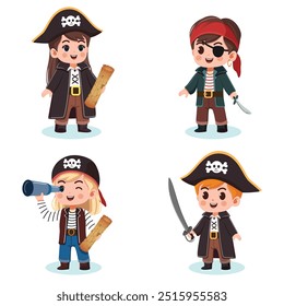 Cute different boys and girls in Pirate Costumes with sword, map and telescope. Vector illustration in cartoon flat style