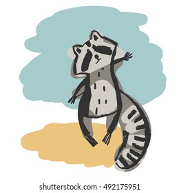 Cute and different, cartoon raccoon. Vector illustration.