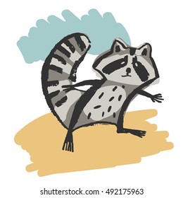 Cute and different, cartoon raccoon. Vector illustration.