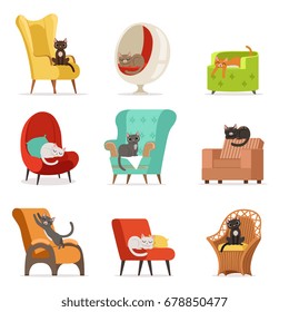 Bonito personagens gatos diferentes deitado e descansando em poltronas conjunto de ilustrações vetoriais
