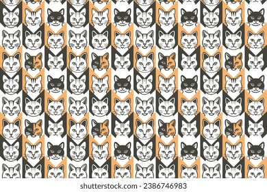 Cute different cats faces with chaldish seamless pattern background. Diverse domestic cats breed wallpaper. Vector EPS 10