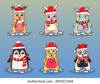 Cute different christmas animal characters with scraf