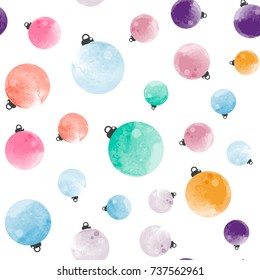 Cute different colorful decorative watercolor Christmas balls seamless pattern.  It can be used as wallpaper, desktop, printing, wrapping, fabric or background for your blog, covers and your design.