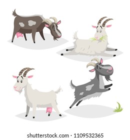 Cute Different Colors And Breeds Goats. Cartoon Flat Style Farm Animals Collection. Eating, Sleeping, Standing And Jumping Goats. Vector Illustration Isolated On White Background.