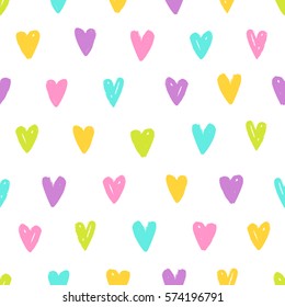 Cute different colors hearts. Vector hand drawn seamless pattern. 