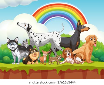 Cute different dogs group in nature scene with rainbow illustration