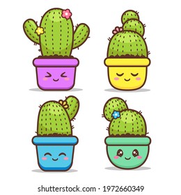 cute different expression cactus in colorful pot