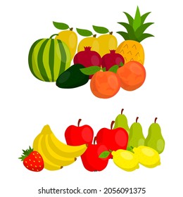 Cute different fruit in flat style composition isolated on white background. Fair of harvest. Wind with fruits. Pineapple and watermelon, apple and strawberry, pear and lemon.
