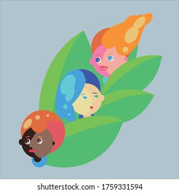 Cute different girls in leafs in flat style