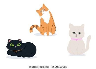 Cute different home cat set. Vector flat pets poses collection.