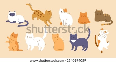 Cute different home cat set. Vector flat pets poses collection. Cartoon cat breeds bundle.