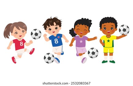 Cute different kids playing soccer ball