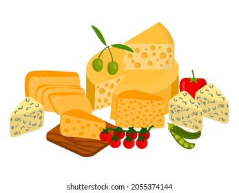 Cute different kinds of cheese. Composition of dairy products isolated on white background. Blue cheese and processed cheese, cheddar and parmesan, camembert and gouda.