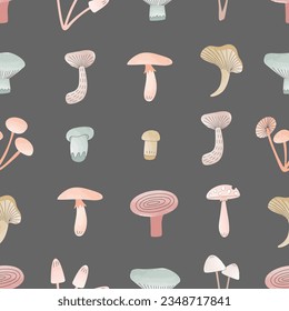Cute different mushrooms. Wild forest mushroom is painted in watercolor. Vector seamless hand drawn pattern for textile or background.