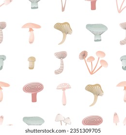 Cute different mushrooms. Wild forest mushroom is painted in watercolor. Vector seamless hand drawn pattern for textile or background.