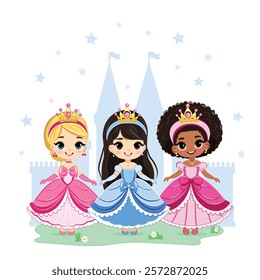 Cute different nationalities little princess with beautiful eyes and golden crown.  Poster, Banner, Flyer, Greeting Card. Vector illustration in flat drawn cartoon style