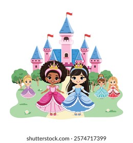 Cute different nationalities princesses with beautiful eyes and golden crown stand in front of the castle. Poster, Banner, Flyer, Greeting Card. Vector illustration in flat drawn cartoon style
