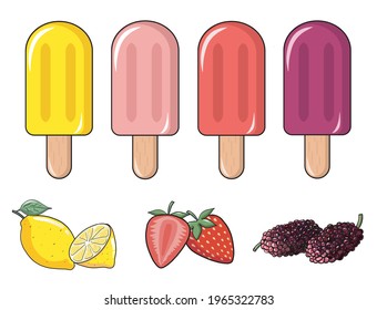 Cute different tastes and colors of ice cream Vector design elements Isolated on white Delicious Strawberries, Mulberries and Lemon flavored popsicles. Ice cream and fruits vector design elements