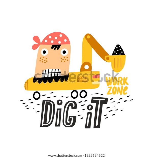 Cute\
digger. Funny cartoon excavator vector\
illustration.