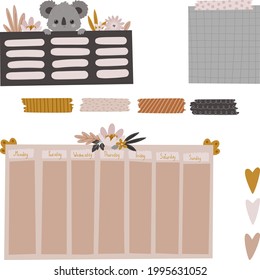 Cute digiral papers and stickers for bullet journal, planner or snail mail. Koala and flowers vector illustrations.