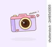 Cute digital camera illustration. Camera cartoon purple pastel colour with say cheese text