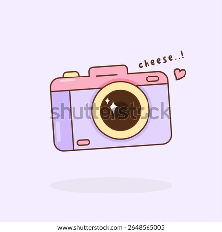 Cute digital camera illustration. Camera cartoon purple pastel colour with say cheese text