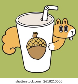 Cute digital cartoon squirrel and coffee line drawing.
