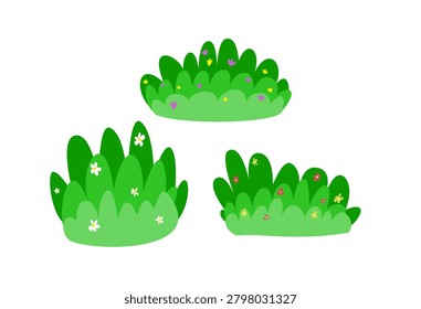 A cute digital illustration featuring three thick green bushes adorned with tiny, scattered white, pink, and yellow wildflowers, perfect for a whimsical or children's nature backdrop.