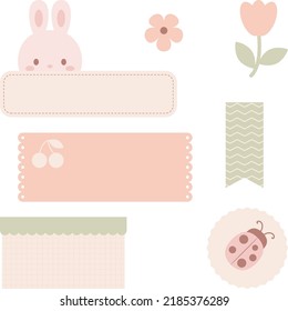Cute digital note papers and stickers for bullet journaling or planning. Kawaii bunny, flower, and ladybug. Ready to use digital stickers for digital planner. Vector art.