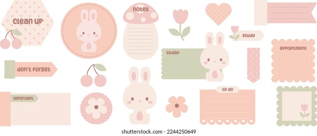 Cute digital note papers and stickers for bullet journaling or planning. Kawaii bunny, flower, cherry. Ready to use digital stickers for digital planner. Vector art.