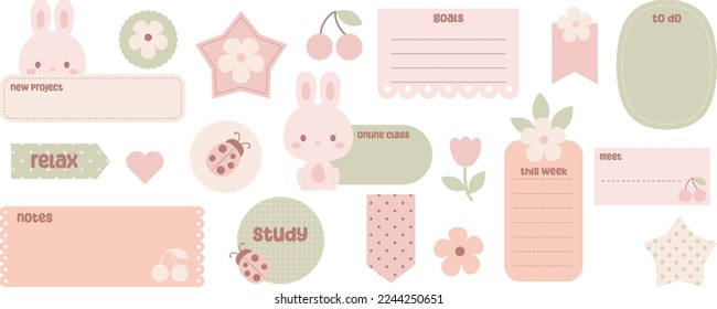 Cute digital note papers and stickers for bullet journaling or planning. Kawaii bunny, flower, cherry, ladybug. Ready to use digital stickers for digital planner. Vector art.
