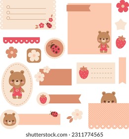 Papeles de notas digitales y stickers para el periodismo digital o la planificación. Oso Kawaii, mariquita, fresa y flor. Listo para usar stickers digitales para planificador digital. Arte vectorial.