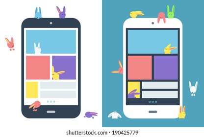 Cute digital pets playing with mobile phone. Vector graphics.