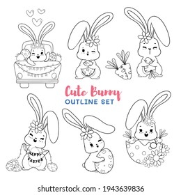 Cute digital stamp spring Easter bunny cartoon outline, coloring page or digital brush
