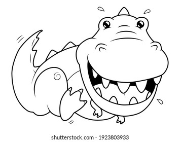 Cute diinosaur children cartoon. Funny happy tyrannosaurus kids vector line illustration