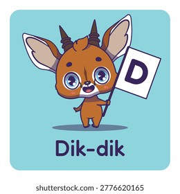 Cute dik-dik holding flag with letter D for fun educational purposes, illustrations
