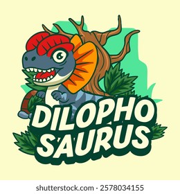 Cute Dilophosaurus Dinosaur Character Mascot in Vector Cartoon Illustration Design for kid, sticker, badge, patch, banner, greeting card