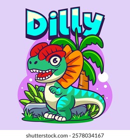 Cute Dilophosaurus Dinosaur Character Mascot in Vector Cartoon Illustration Design for kid, sticker, badge, patch, banner, greeting card