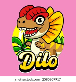 Cute Dilophosaurus Dinosaur Character Mascot in Vector Cartoon Illustration Design for kid, sticker, badge, patch, banner, greeting card