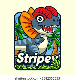 Cute Dilophosaurus Dinosaur Character Mascot in Vector Cartoon Illustration Design for kid, sticker, badge, patch, banner, greeting card