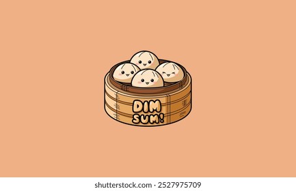 Cute dim sum in a bamboo steamer with smiling faces.