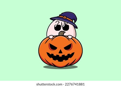 Caricatura de Cute Dim sum escondida en la ilustración de calabaza de halloween en diseño moderno plano