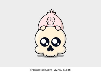 Cute Dim sum cartoon character hiding in skull illustration in flat modern design